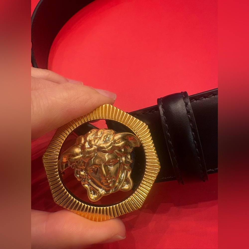Authentic Versace Black Leather Belt with Medusa gold hardware